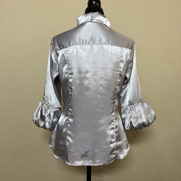violet + claire blouse women small button up Metallic puff sleeve top silver - Picture 2 of 13